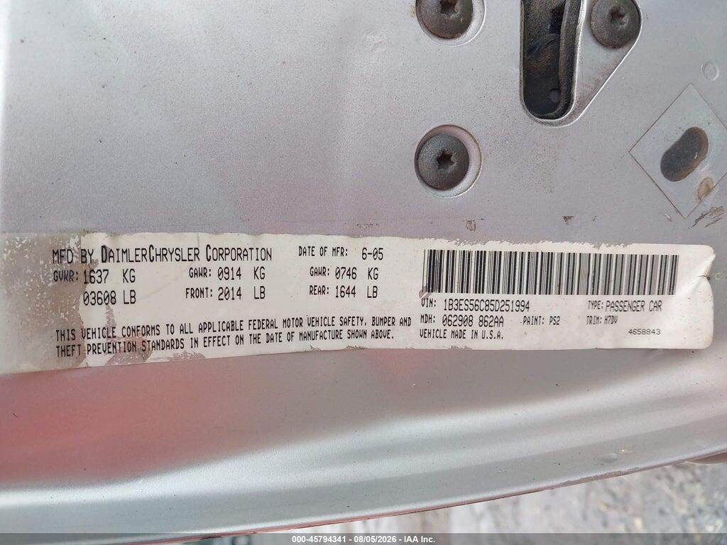 1B3ES56C85D251994 2005 DODGE NEON photo no. 9
