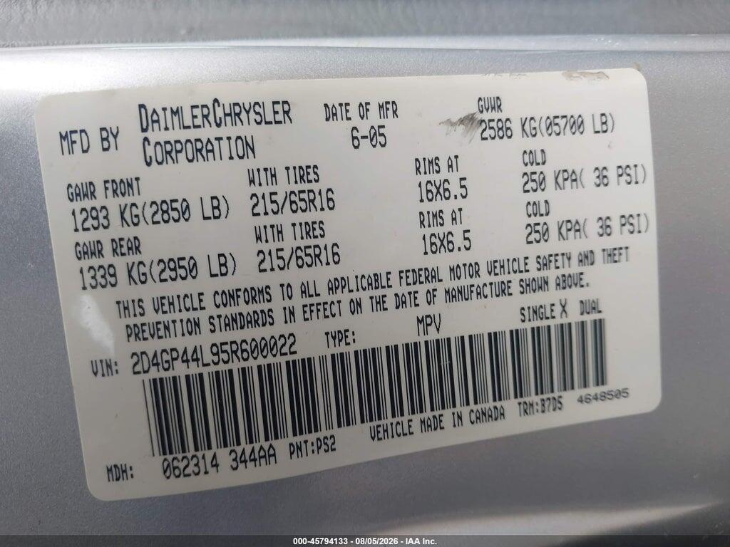 2D4GP44L95R600022 2005 DODGE GRAND CARAVAN photo no. 9