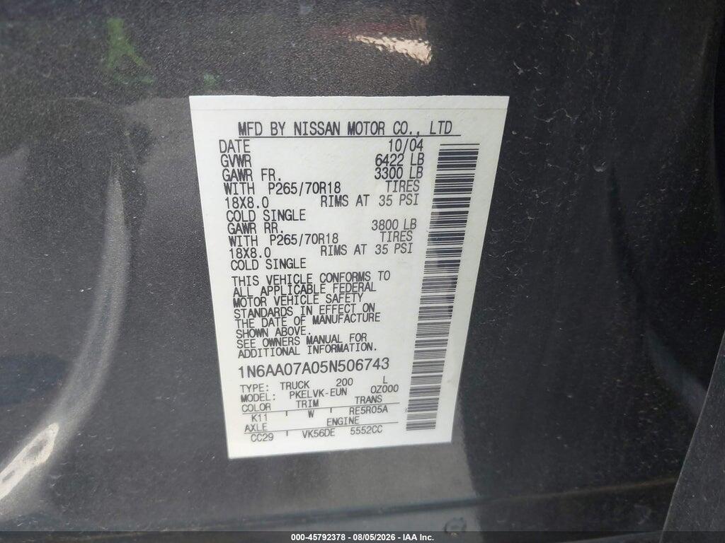 1N6AA07A05N506743 2005 NISSAN TITAN photo no. 9