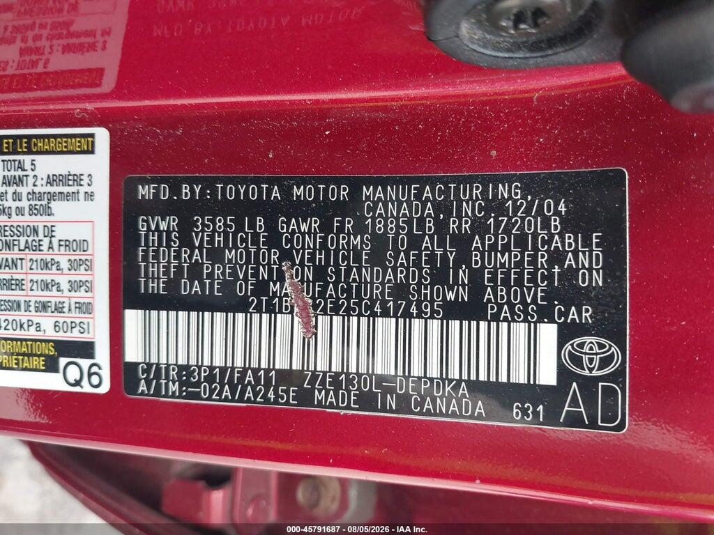 2T1BR32E25C417495 2005 TOYOTA COROLLA photo no. 9