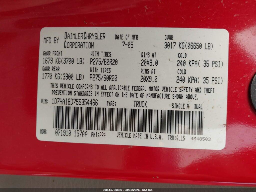1D7HA18D75S354466 2005 DODGE RAM 1500 photo no. 9