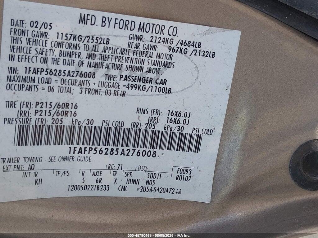 1FAFP56285A276008 2005 FORD TAURUS photo no. 9