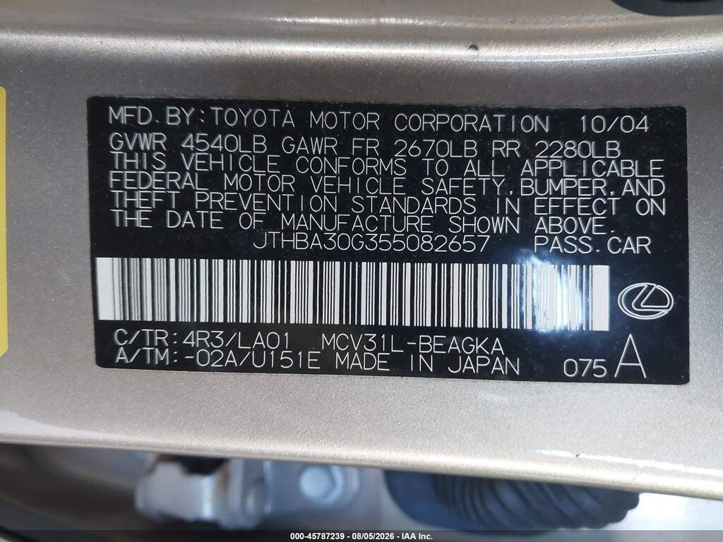 JTHBA30G355082657 2005 LEXUS ES 330 photo no. 9