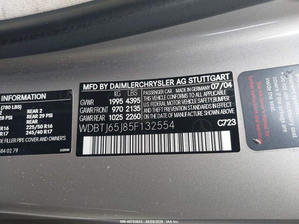 WDBTJ65J85F132554 2005 MERCEDES-BENZ CLK 320 photo no. 9