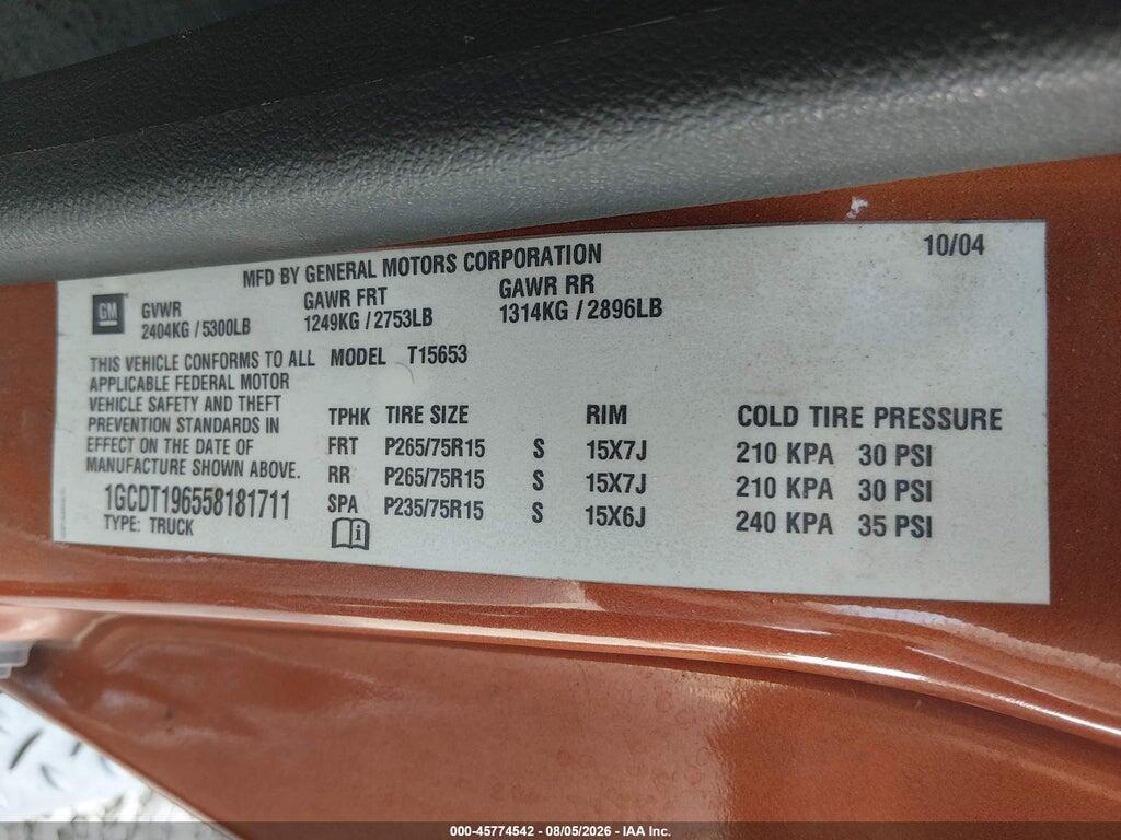 1GCDT196558181711 2005 CHEVROLET COLORADO photo no. 9