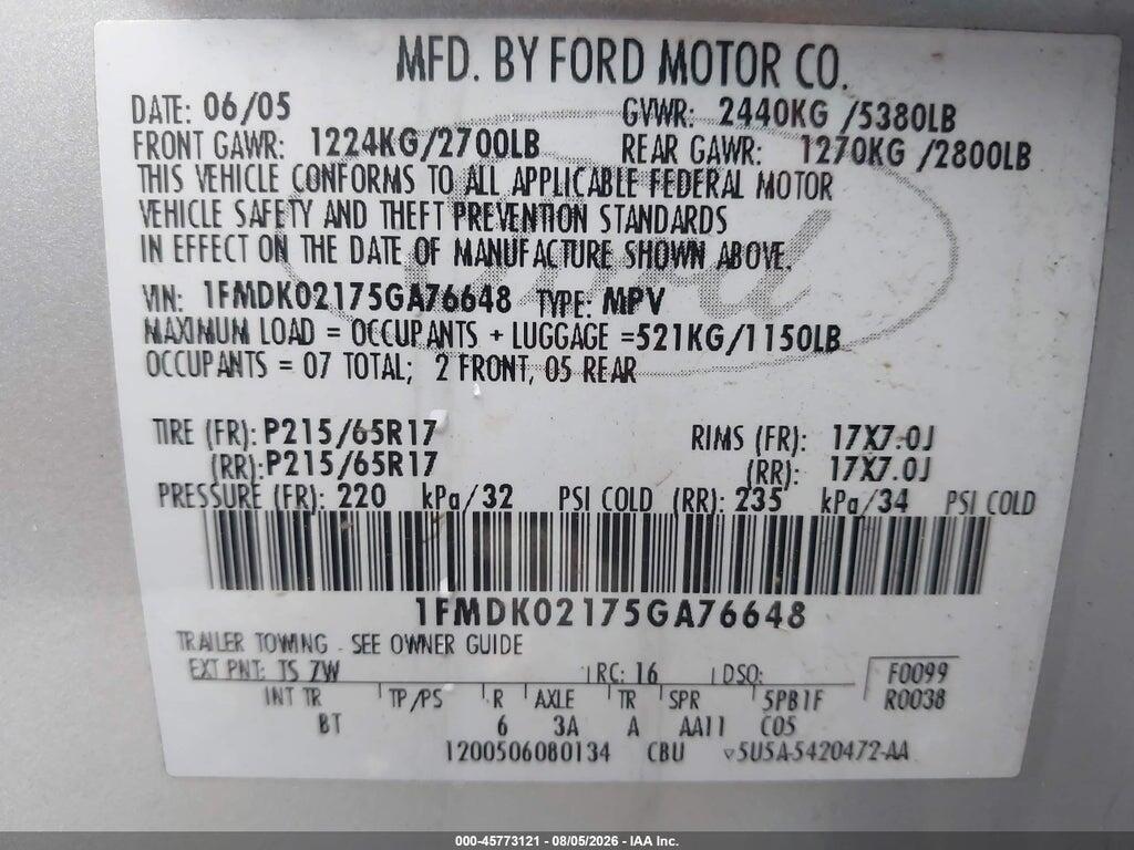 1FMDK02175GA76648 2005 FORD FREESTYLE photo no. 9