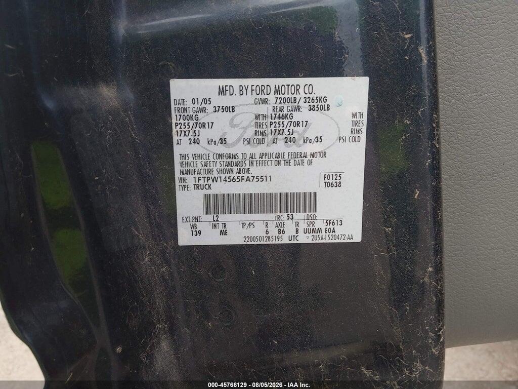 1FTPW14565FA75511 2005 FORD F-150 photo no. 9