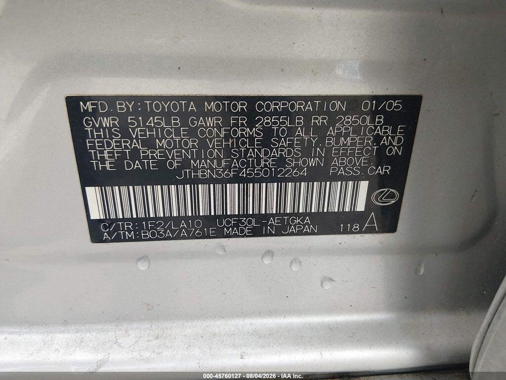 JTHBN36F455012264 2005 LEXUS LS 430 photo no. 9