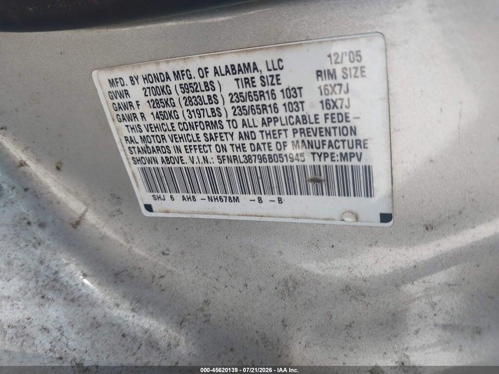 5FNRL38796B051945 2006 HONDA ODYSSEY photo no. 9