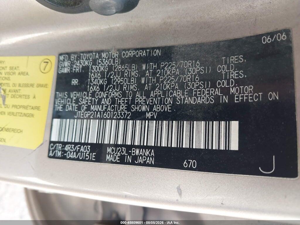 JTEGP21A160123372 2006 TOYOTA HIGHLANDER photo no. 9