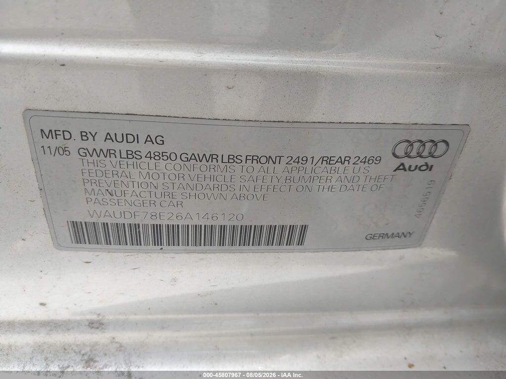WAUDF78E26A146120 2006 AUDI A4 photo no. 9