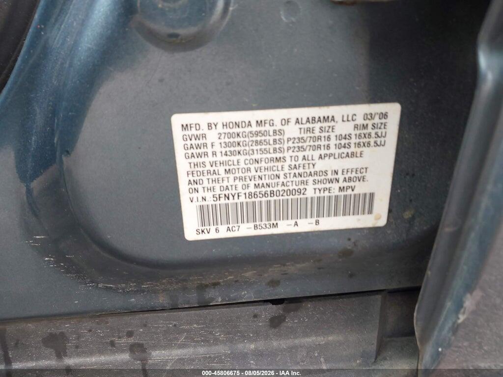 5FNYF18656B020092 2006 HONDA PILOT photo no. 9