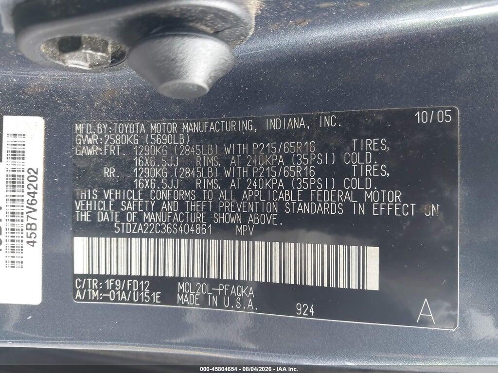 5TDZA22C36S404861 2006 TOYOTA SIENNA photo no. 9