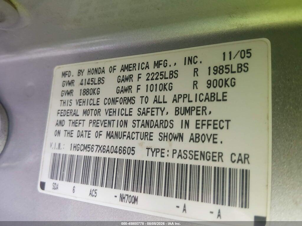 1HGCM567X6A046605 2006 HONDA ACCORD photo no. 9