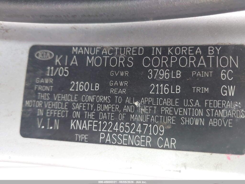KNAFE122465247109 2006 KIA SPECTRA photo no. 9