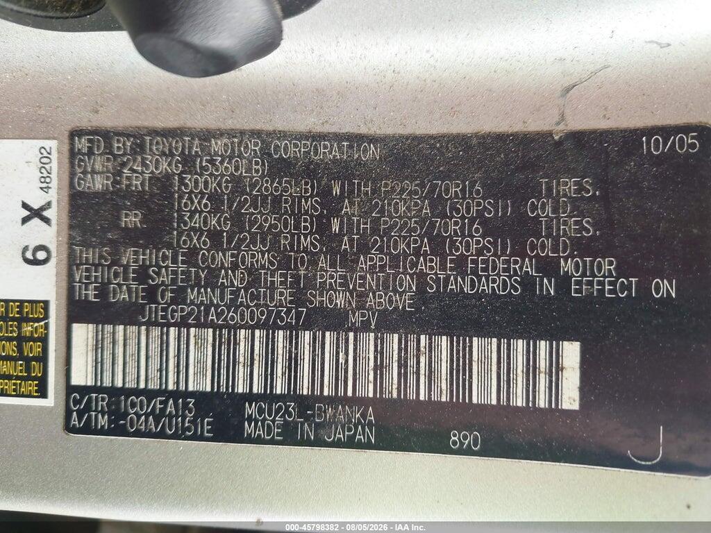JTEGP21A260097347 2006 TOYOTA HIGHLANDER photo no. 9