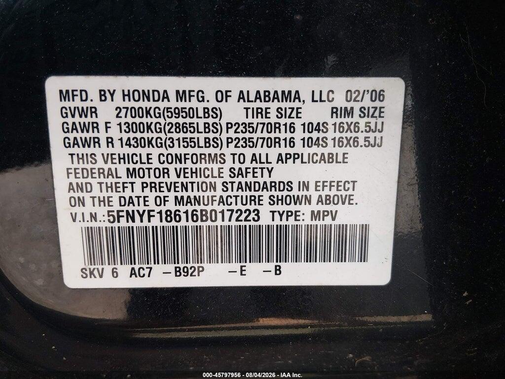 5FNYF18616B017223 2006 HONDA PILOT photo no. 9