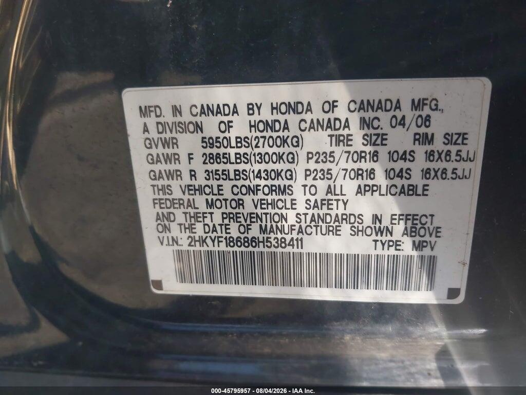 2HKYF18686H538411 2006 HONDA PILOT photo no. 9