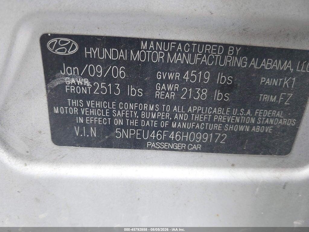 5NPEU46F46H099172 2006 HYUNDAI SONATA photo no. 9