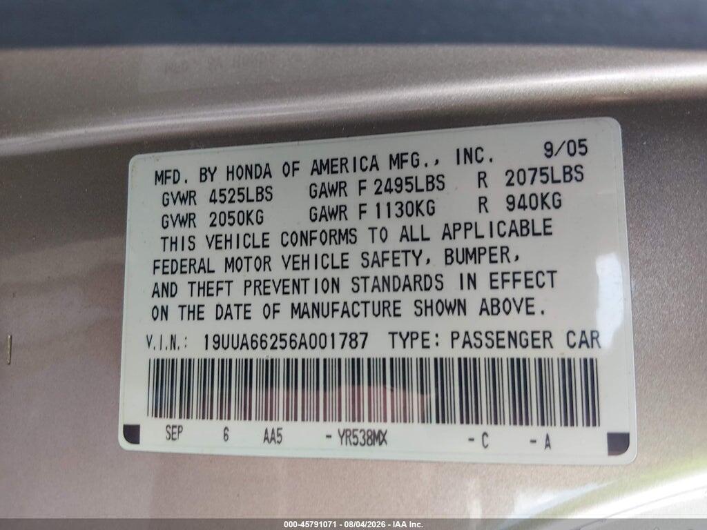 19UUA66256A001787 2006 ACURA TL photo no. 9