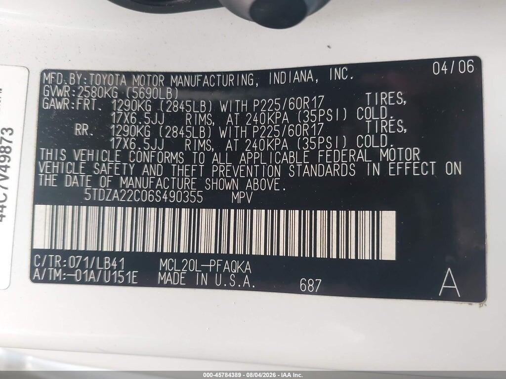 5TDZA22C06S490355 2006 TOYOTA SIENNA photo no. 9