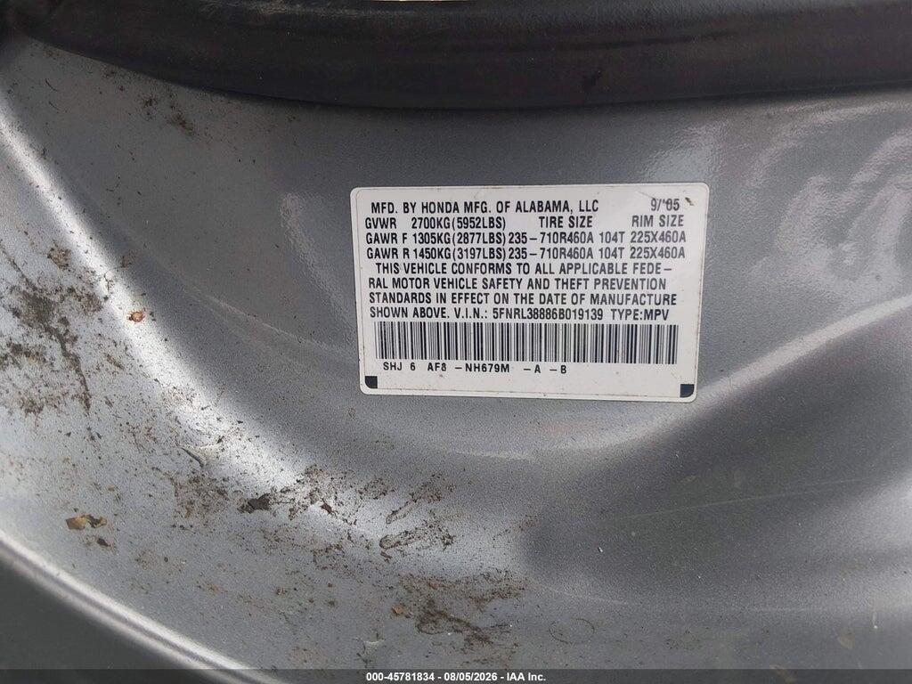 5FNRL38886B019139 2006 HONDA ODYSSEY photo no. 9