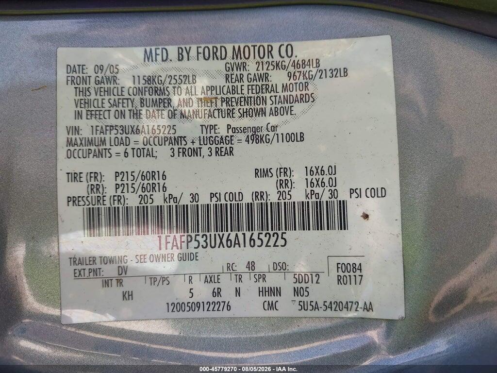 1FAFP53UX6A165225 2006 FORD TAURUS photo no. 9
