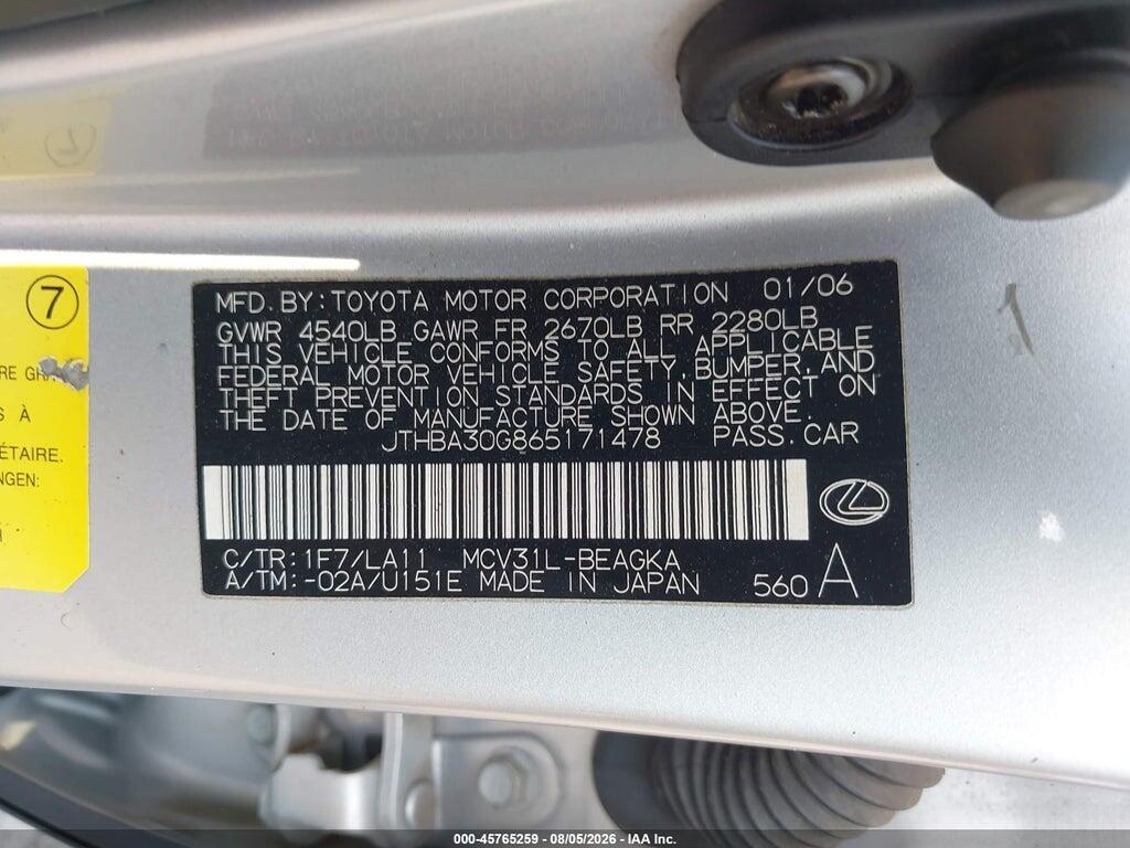 JTHBA30G865171478 2006 LEXUS ES 330 photo no. 9
