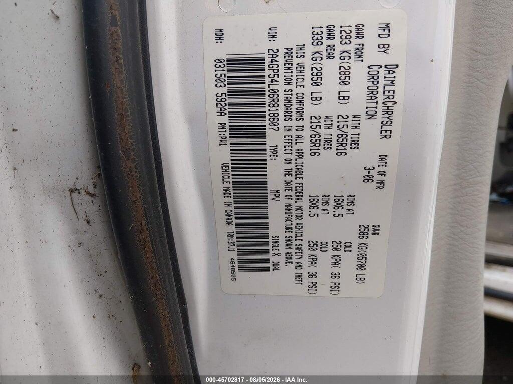 2A4GP54L06P818607 2006 CHRYSLER TOWN & COUNTRY photo no. 9