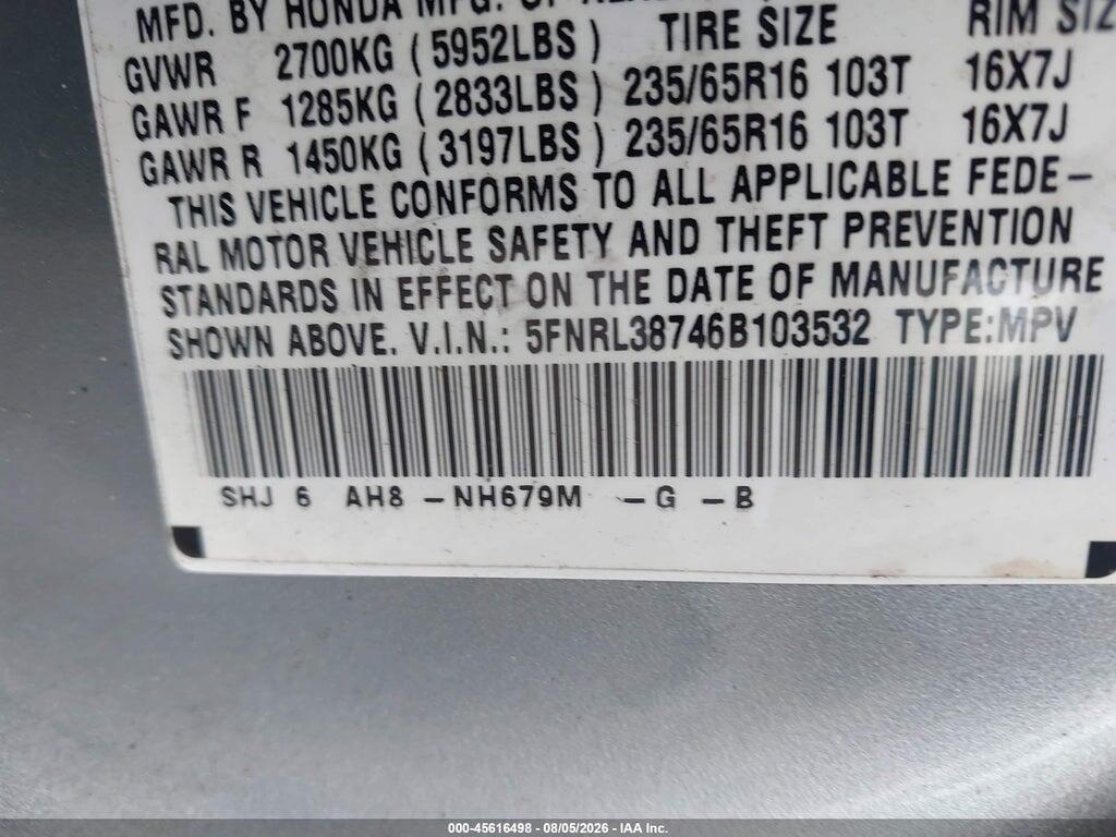 5FNRL38746B103532 2006 HONDA ODYSSEY photo no. 9