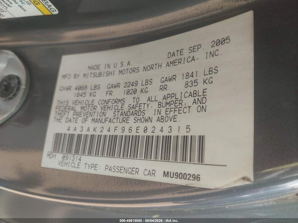 4A3AK24F96E024315 2006 MITSUBISHI ECLIPSE photo no. 9