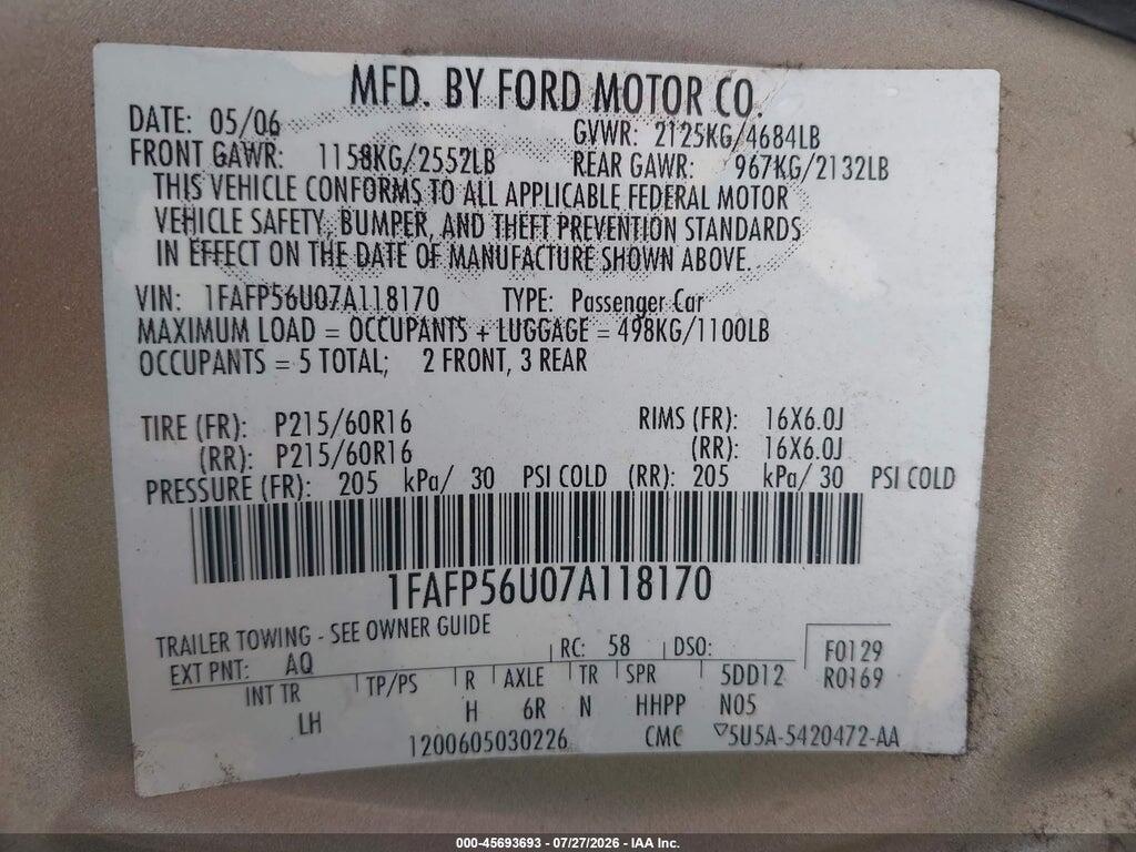 1FAFP56U07A118170 2007 FORD TAURUS photo no. 9