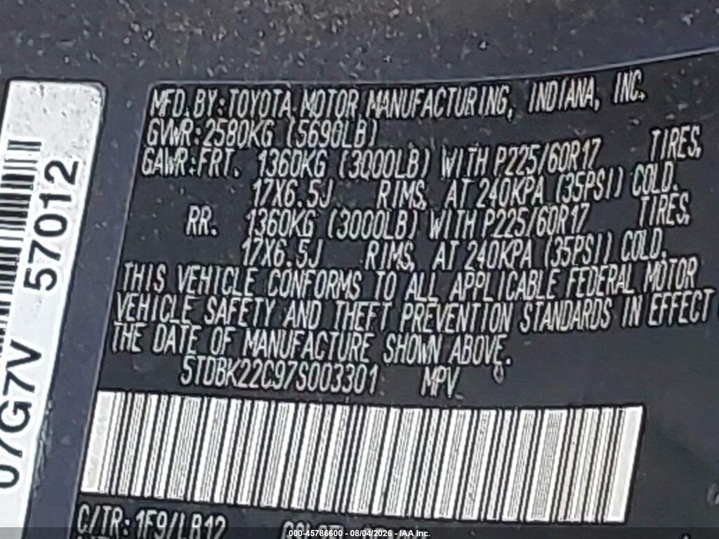 5TDBK22C97S003301 2007 TOYOTA SIENNA photo no. 9