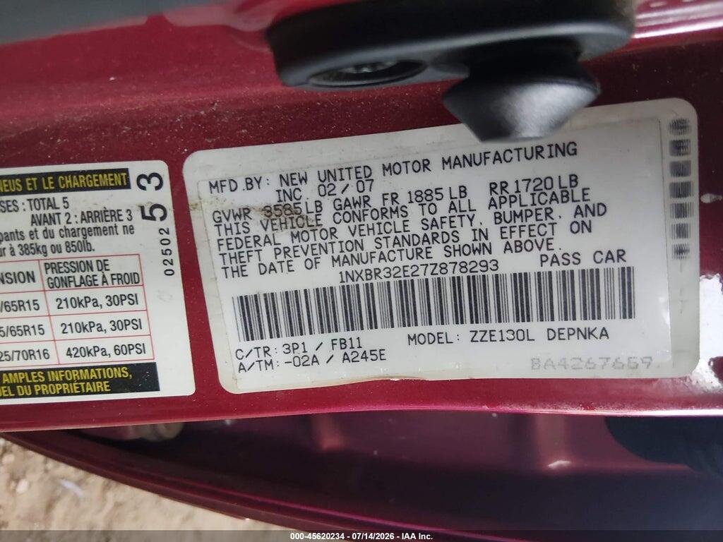 1NXBR32E27Z878293 2007 TOYOTA COROLLA photo no. 9