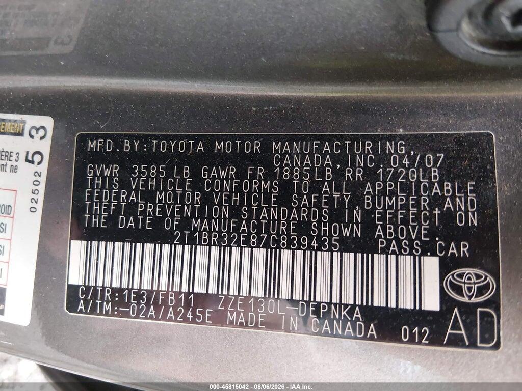 2T1BR32E87C839435 2007 TOYOTA COROLLA photo no. 9