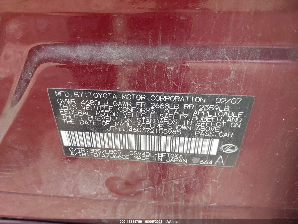 JTHBJ46G372105985 2007 LEXUS ES 350 photo no. 9
