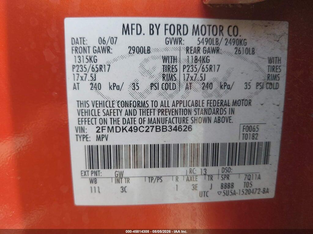 2FMDK49C27BB34626 2007 FORD EDGE photo no. 9