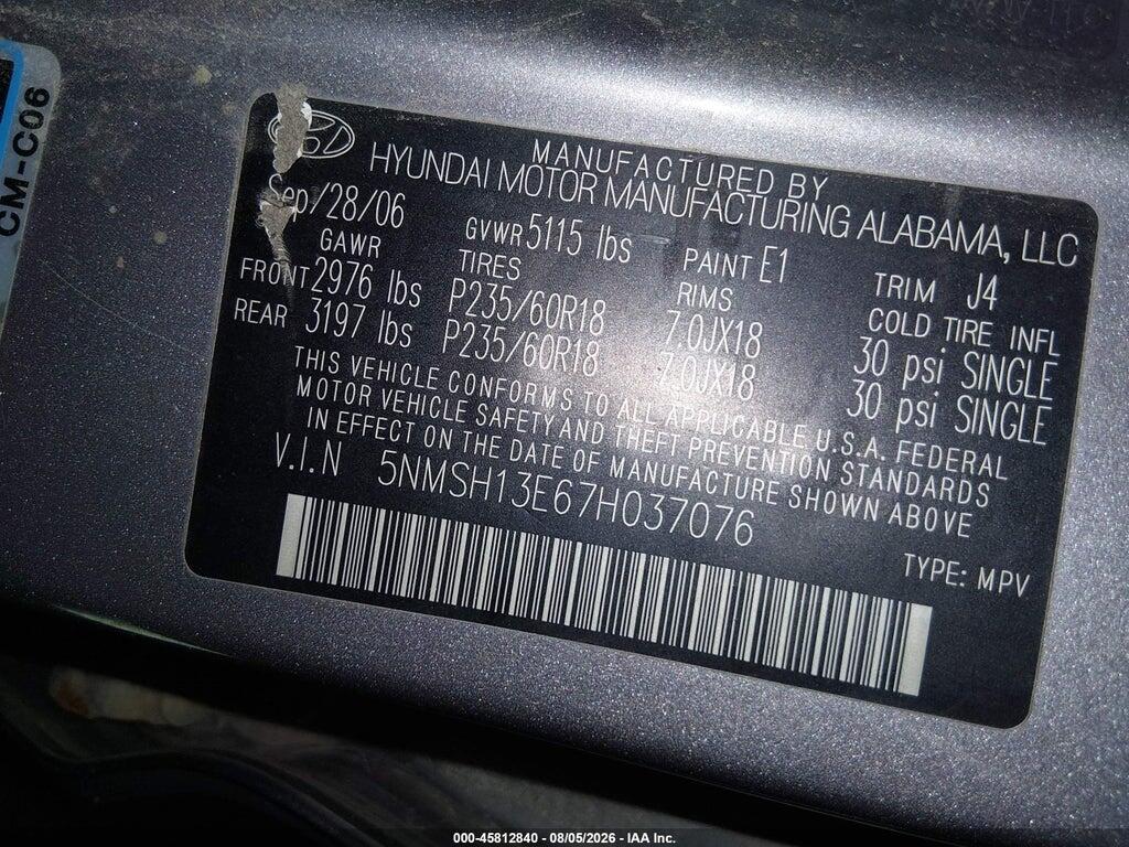 5NMSH13E67H037076 2007 HYUNDAI SANTA FE photo no. 9