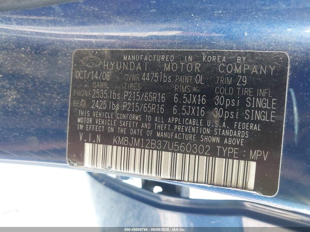 KM8JM12B37U560302 2007 HYUNDAI TUCSON photo no. 9
