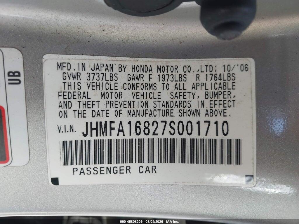JHMFA16827S001710 2007 HONDA CIVIC photo no. 9