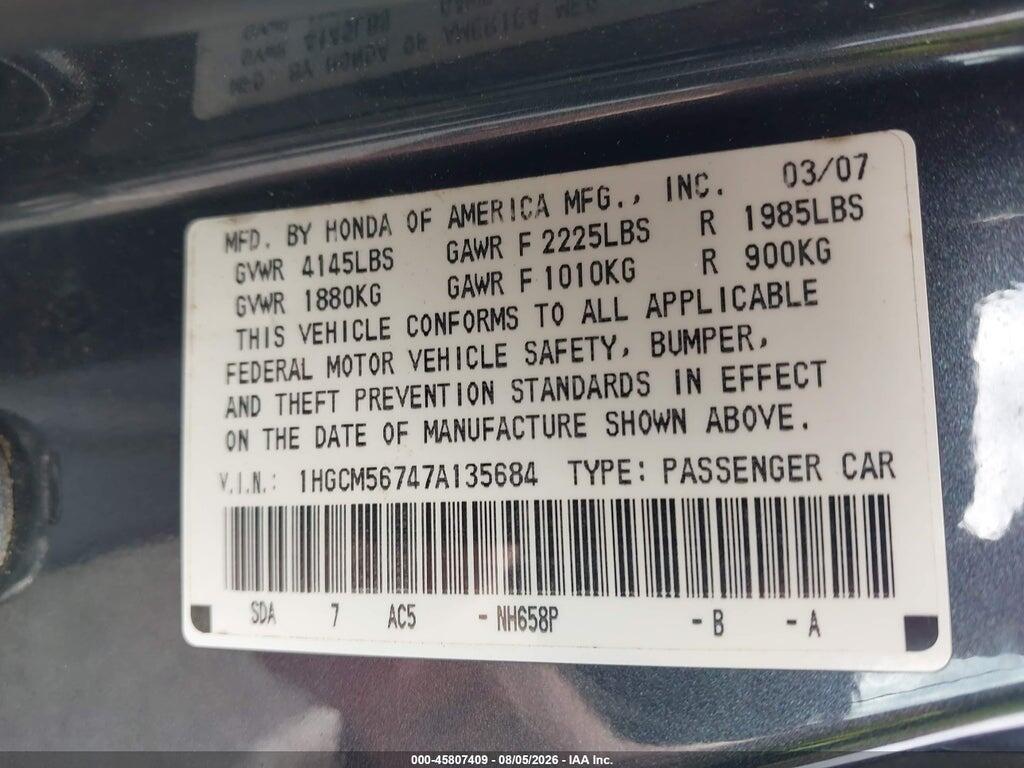1HGCM56747A135684 2007 HONDA ACCORD photo no. 9