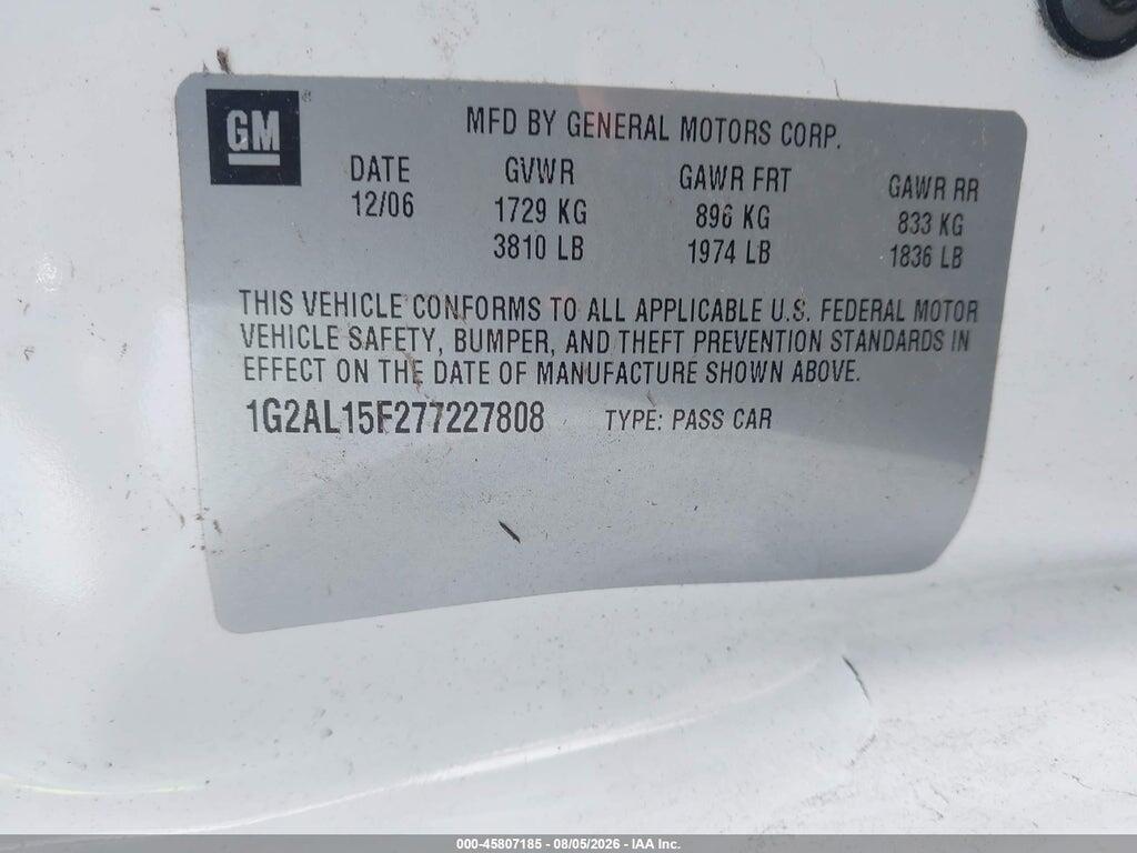 1G2AL15F277227808 2007 PONTIAC G5 photo no. 9