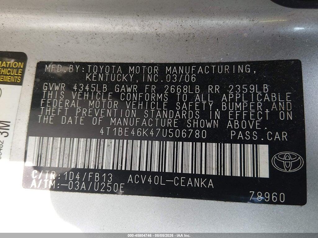 4T1BE46K47U506780 2007 TOYOTA CAMRY photo no. 9
