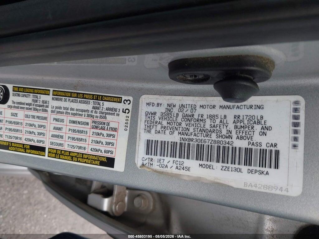 1NXBR30E67Z880342 2007 TOYOTA COROLLA photo no. 9