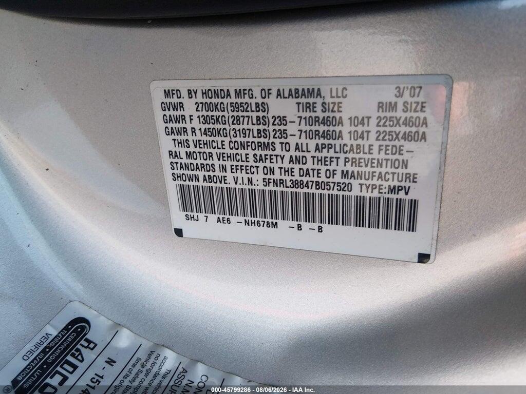 5FNRL38847B057520 2007 HONDA ODYSSEY photo no. 9