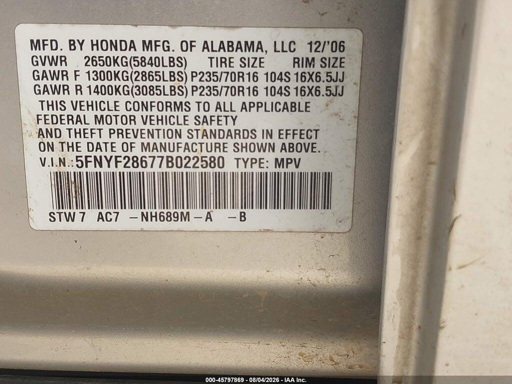 5FNYF28677B022580 2007 HONDA PILOT photo no. 9