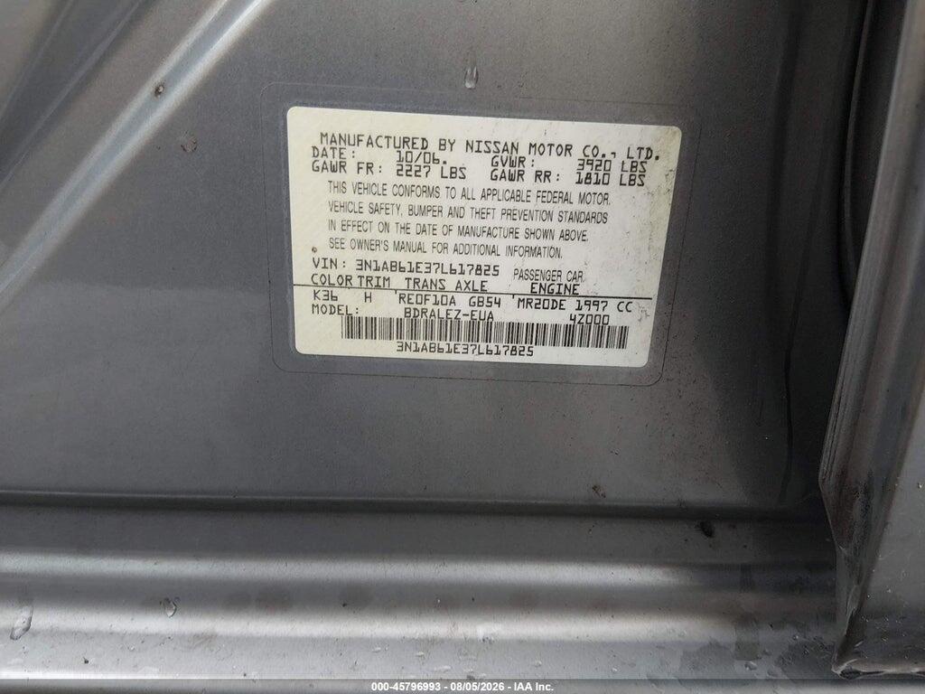 3N1AB61E37L617825 2007 NISSAN SENTRA photo no. 9