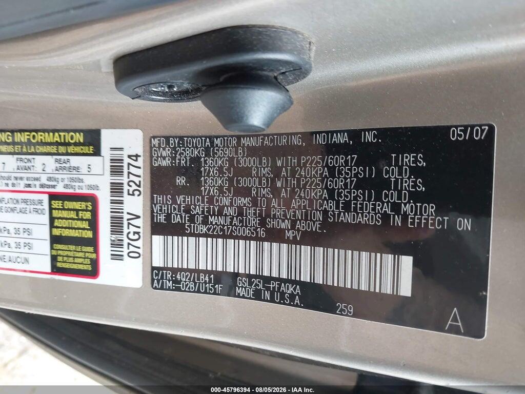 5TDBK22C17S006516 2007 TOYOTA SIENNA photo no. 9