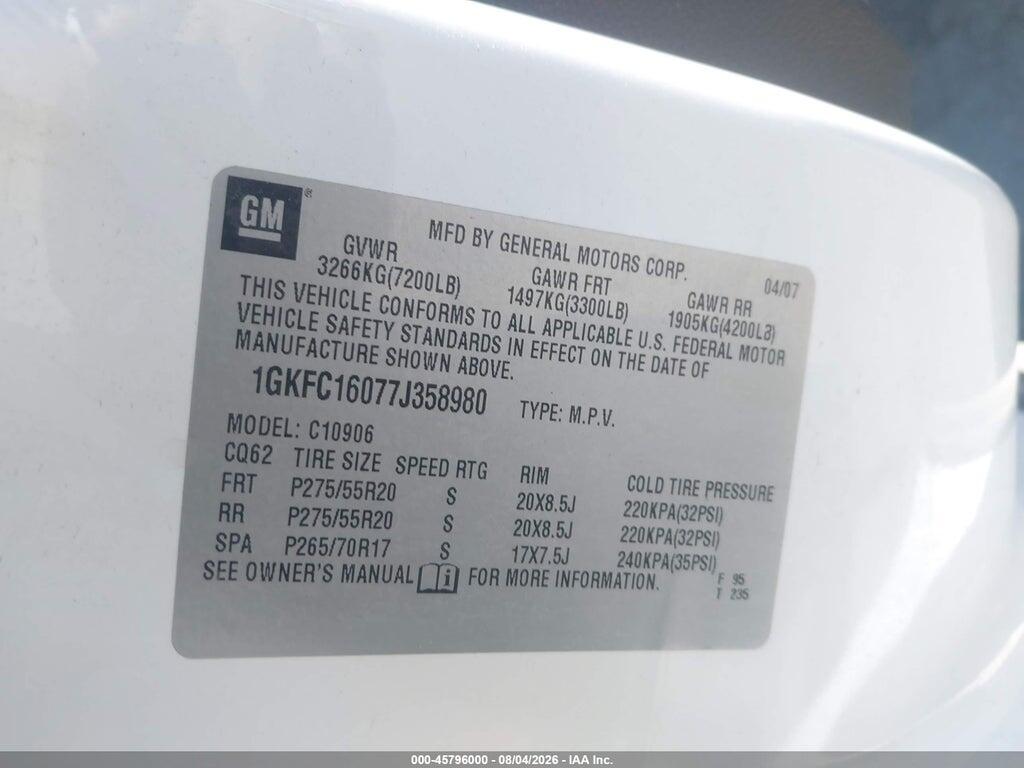 1GKFC16077J358980 2007 GMC YUKON XL photo no. 9