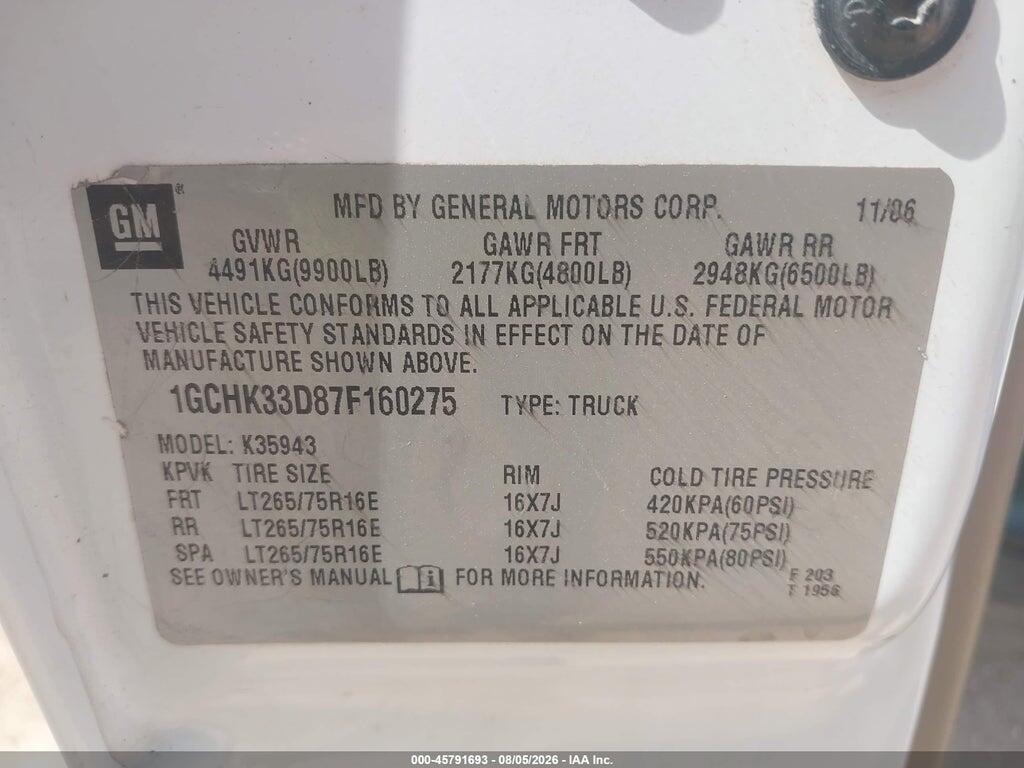 1GCHK33D87F160275 2007 CHEVROLET SILVERADO 3500 CLASSIC photo no. 9